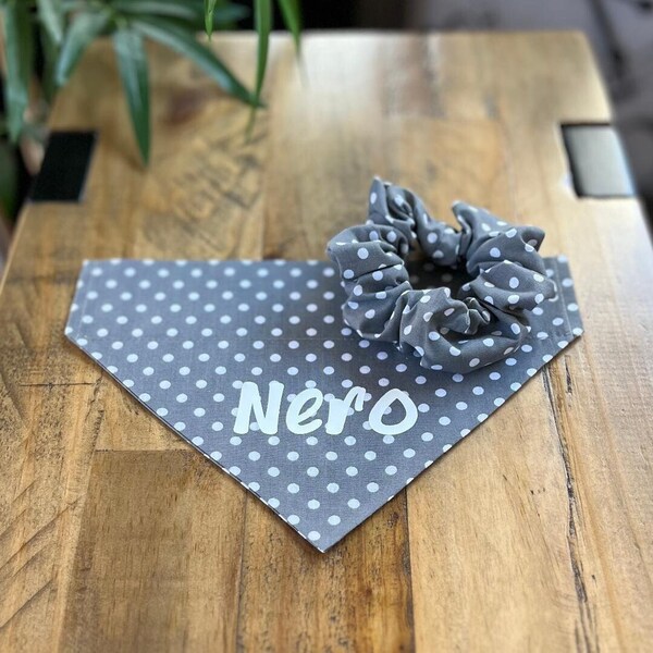 Grey polkadot Dog bandana/Puppy bandana/Dog gift/ Plain, personalised, matching owner scrunchie option