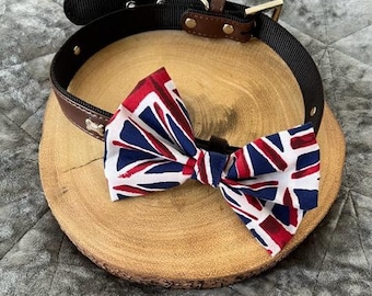 Union Jack Dog Bow Tie, Adjustable Collar Accessory, Handmade Pet Accessory