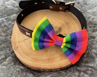 Rainbow Dog Bow Tie, Adjustable Collar Pet Accessory, Handmade Fabric Fun