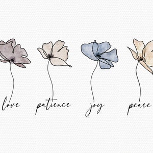 Könnte beinhalten: Vier Aquarell-Blumenillustrationen mit den Worten "love", "patience", "joy" und "peace" unter jeder Blume.