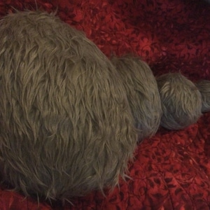 Puede incluir: Un conjunto de cuatro almohadas de piel sintética marrón de diferentes tamaños dispuestas en línea. Las almohadas están sobre un fondo rojo.