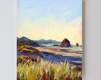 May include: An oil painting of a coastal landscape featuring a beach, ocean, and large rock formations. The artwork uses a palette of blues, greens, yellows, and browns to depict the scene. The foreground shows tall, textured grass.