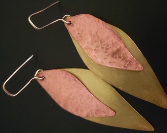 Handmade Brass and Hammered Copper Leaf Earrings - Boho Chic
