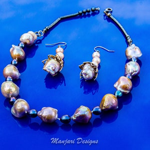 Elegant Pink and Black Pearl Necklace Set, Luxury Jewelry, Gorgeous Large Pink Baroque and black pearl set, Classy, 15 - 20 mm Baroque pearl