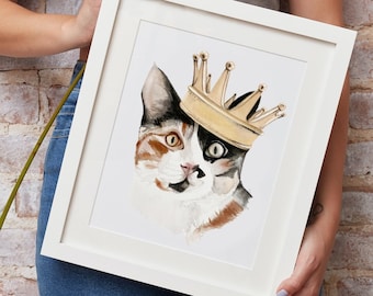 May include: A watercolor painting of a cat wearing a gold crown. The cat has white, orange, and black fur. The background is white.