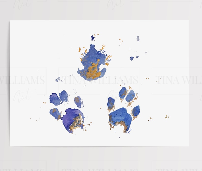 May include: Three blue paw prints with gold accents on a white background. The paw prints are watercolour painted and have a soft, abstract look.