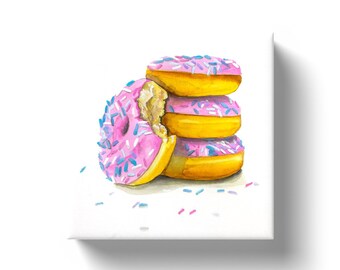 Canvas Donut Art  Donut Art - Doughnut Art - Kitchen Decor - Food Art - Donut Watercolor Art - Cute Gift - Gift For Mom - Sweets - Breakfast
