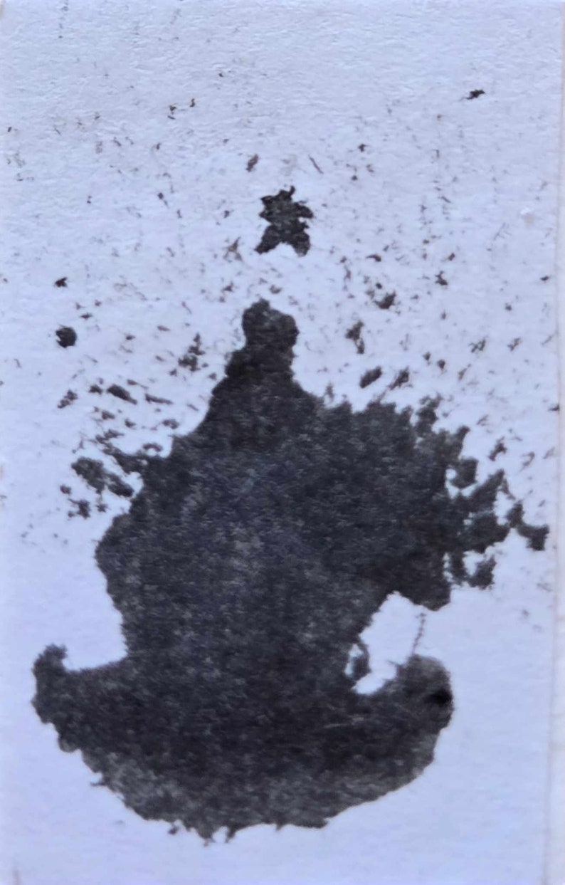 May include: A dark grey ink blot on a white background. The ink has a splatter effect and resembles a flame or a tree.