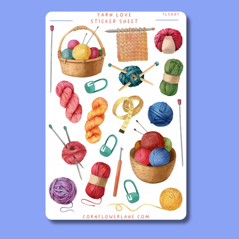 May include: A sticker sheet with a variety of colorful yarn balls, needles, and other knitting supplies. The sheet includes the text "YARN LOVE STICKER SHEET" and "CORNFLOWERLANE.COM".