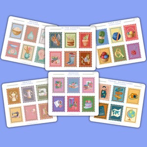 Pegatinas de sellos para aficiones: costura, tejido/crochet, repostería, jardinería, amantes de la lectura y decoración de viajes.