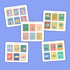 Decoratieve stempelstickers - stickervel postzegels - stickers logboek - stickers Happy Mail - weer - bomen - bloemen - stickers huizen