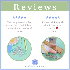 Puede incluir: Un gr&aacute;fico de rese&ntilde;as de clientes con el texto Reviews, dos filas de cinco estrellas azules y testimonios de Anne y Jodie. Dos recuadros circulares muestran art&iacute;culos de papeler&iacute;a que incluyen clips pastel, un bol&iacute;grafo amarillo, un dispensador de cinta rosa y una regla de madera.