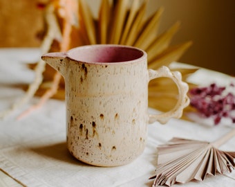 Speckled Cream Ceramic Flower Pitcher - Ceramic Flower Pitcher - Handmade Ceramic Jug Vase - Melted Speckled Pitcher - Flower Handle