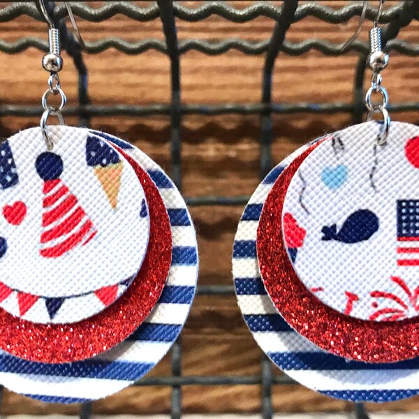 4th of July Earrings, Patriotic Earrings, Triple Layer, Faux Leather, Silver Tone, Glitter, Lightweight