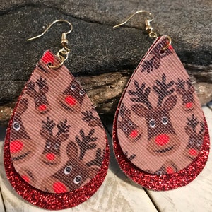 Reindeer Earrings, Christmas Earrings, Faux Leather, Double Sided Second Layer, Fine Glitter Canvas, 18 K, Gold Plated, Nickel Free
