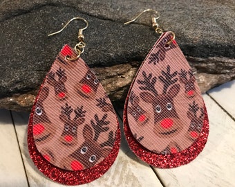 Reindeer Earrings, Christmas Earrings, Faux Leather, Double Sided Second Layer, Fine Glitter Canvas, 18 K, Gold Plated, Nickel Free