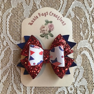 4th of July Bow, Girl&#39;s Hair Bow, Faux Leather, Glitter, 3 1/2” W x 2 1/2” H, Non-Slip, Alligator Clip, Hair Accessories, Nickel Free