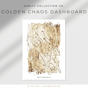 Op de afbeelding: Abstracte digitale kunstprint met een gouden en beige ontwerp met de tekst "Vanity Collection Co." onderaan.