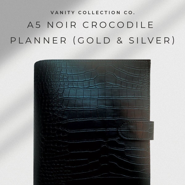 A5 Planner Croc Noir | Gold Rings or Silver Rings | Black Ebony Agenda