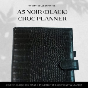 A5 Planner Croc Noir | Anéis de Ouro ou Anéis de Prata | Agenda Black Ebony
