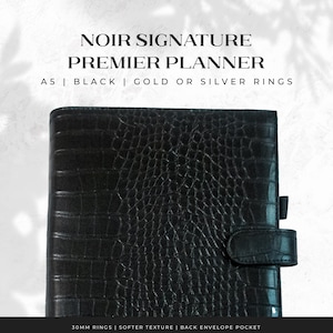 Noir Signature — Premier A5 Planner | Black Croc Ring Binder, Luxury 6 Ring Organizer with Pocket