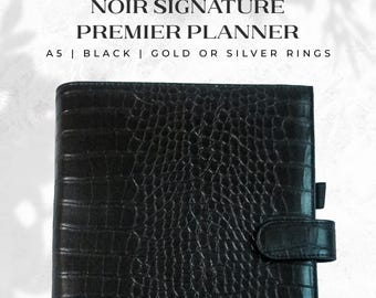 Noir Signature — Premier A5 Planner | Black Croc Ring Binder, Luxury 6 Ring Organizer with Pocket