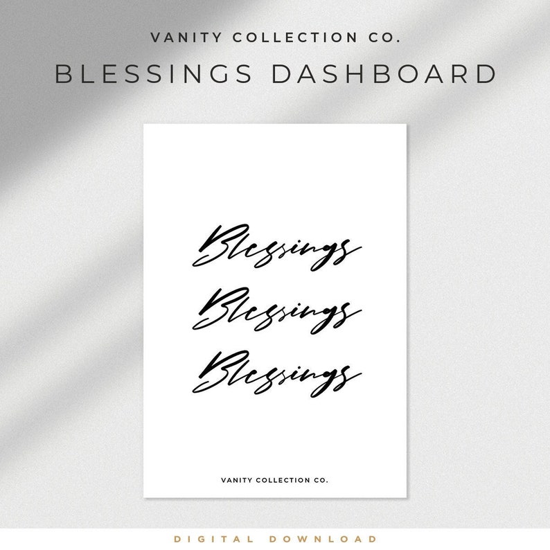 May include: A printable digital download with the word "Blessings" written three times in black cursive script on a white background. The text "Vanity Collection Co." appears at the bottom of the page.