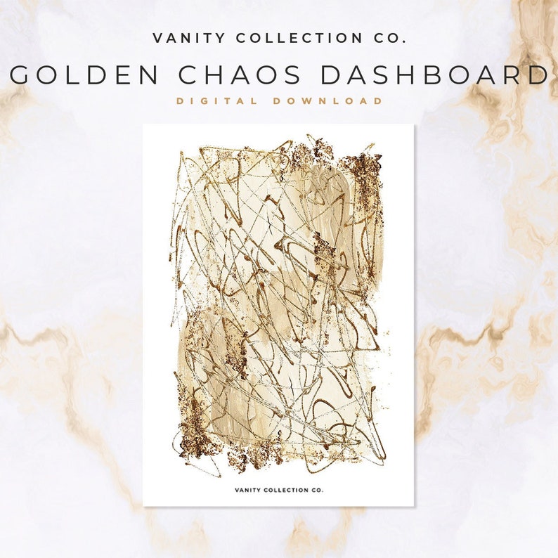 Op de afbeelding: Abstracte digitale kunstprint met een gouden en wit ontwerp met de tekst "Golden Chaos Dashboard" en "Vanity Collection Co."