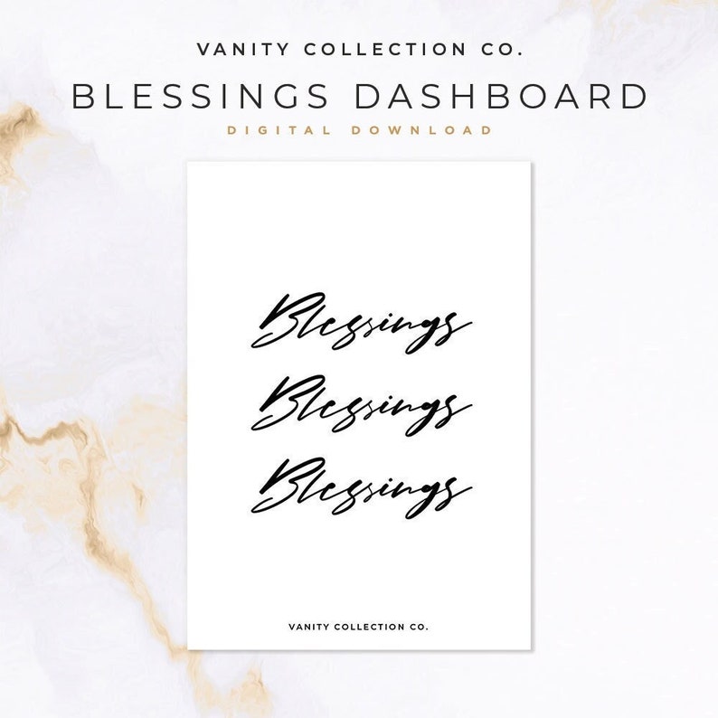 May include: Printable digital download of a white background with the word "Blessings" written three times in black cursive script. The text "Vanity Collection Co." appears at the top and bottom of the page.