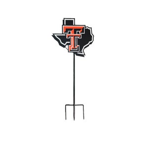 May include: Black metal Texas state outline yard stake with a red and white Texas Tech University logo.