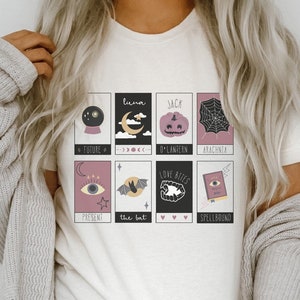 Camisa de cartas del tarot, camisa de calabaza, camiseta de Halloween, camisa de luna mística, camiseta de tarot, camisa de tela de araña, camisa de murciélago, camiseta gótica, top de bruja