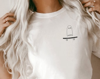 Cute Ghost Pocket Shirt, Funny Shirt, Cute shirt, Cute Graphic Tee, Pocket Tee, Halloween shirt, Ghost shirt, Ghost tee, Skateboarder Shirt