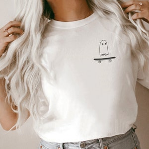 Cute Ghost Pocket Shirt, Funny Shirt, Cute shirt, Cute Graphic Tee, Pocket Tee, Halloween shirt, Ghost shirt, Ghost tee, Skateboarder Shirt