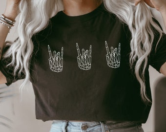 Camiseta de manos de esqueleto, divertida camiseta de Halloween, feliz Halloween, fiesta de Halloween, camiseta de truco o trato, camiseta de manos de esqueleto rockeras