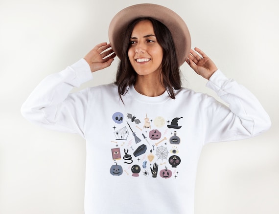 Halloween Doodles Sweatshirt, Halloween Little Things, Witch Pumpkin Long Sleeve Halloween Pullover, Cute Spooky Crewneck Sweater, Plus Size