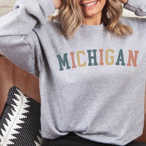 Michigan Sweatshirt, Retro Michigan Sweater, Vintage Sweatshirt, Michigan Shirt, Michigan Crewneck, State Sweatshirt, Cute Sweatshirt Sport Grey