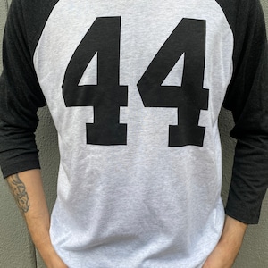 May include: A grey and black baseball jersey with the number 44 printed on the front.