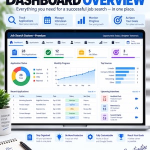 May include: A digital dashboard interface titled Ultimate Job Search System Premium displayed on a laptop screen. The dashboard features data visualizations including a pie chart, line graph, and bar charts tracking job applications, interviews, and offers.