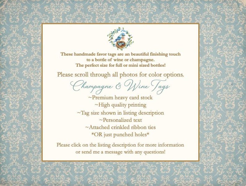 a blue and white wedding card with a bird on it