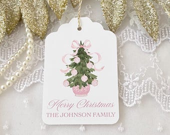 Printed Pink Chinoiserie Christmas Gift Tags, Personalized Grandmillenial Watercolor Pink Christmas Tree Bow Tags, Christmas Tags for Girls