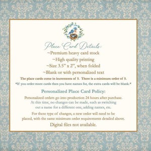 a blue and white card with a picture of a bird on it