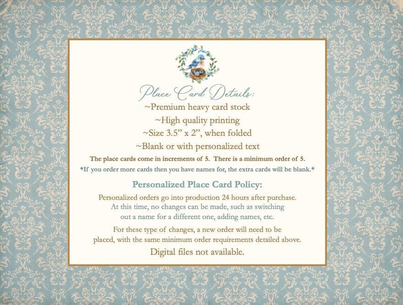 a blue and white card with a picture of a bird on it