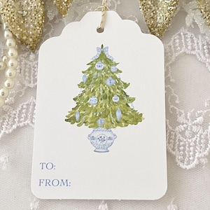 Printed Christmas To and From Gift Tags, Fill in Name Blue Christmas Chinoiserie Tags, Blue Watercolor Christmas Tags, Grandmillenial Tags