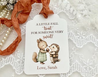 May include: A white rectangular gift tag with rounded corners and a rust-colored ribbon. The text reads A LITTLE FALL treat FOR SOMEONE VERY sweet! and Love, Sarah. An illustration shows a squirrel in a green plaid dress and a hedgehog.