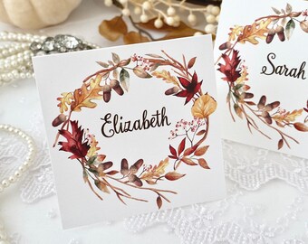 Fall Autumn Wreath Place Cards, Fall Leaves Thanksgiving Dinner Place Name Cards, Friendsgiving Place Cards, Printed Autumn Place Cards