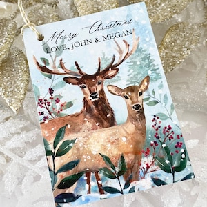 Personalized Christmas Gift Tags, Personalized Holiday Gift Tags, Christmas Deer Woodland Tags, Printed Family Name Christmas Tags for Party