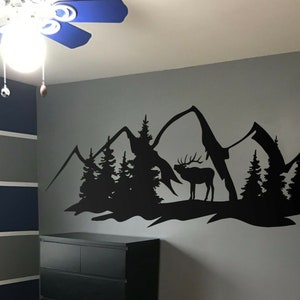 Forest Deer Mountains Wall Decal, Hunting Style Wall Decor Art Nature Wall Decal