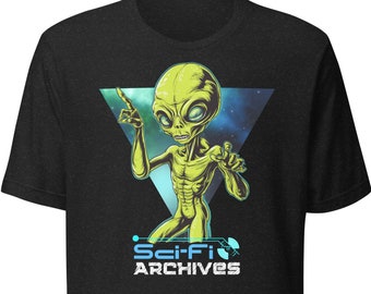 Mens Cosmic Encounter Alien Pointing to the Sky Pop Art Sci-Fi T-Shirt Premium Top - Perfect Gift for UFO Geeks/Sci-Fi Enthusiasts/Fan Merch