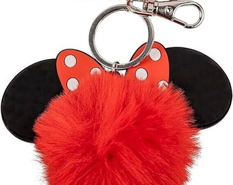 New Walt Disney Minnie Mouse Red Fuzzy Puffy Pom Pom Key Chain Charm Purse Backpack Keychain