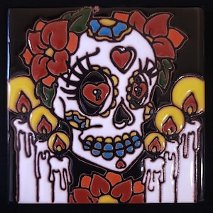 Mexican Folk Art Day of the Dead Dia de Los Muertos Theme Handmade Red Clay Tile